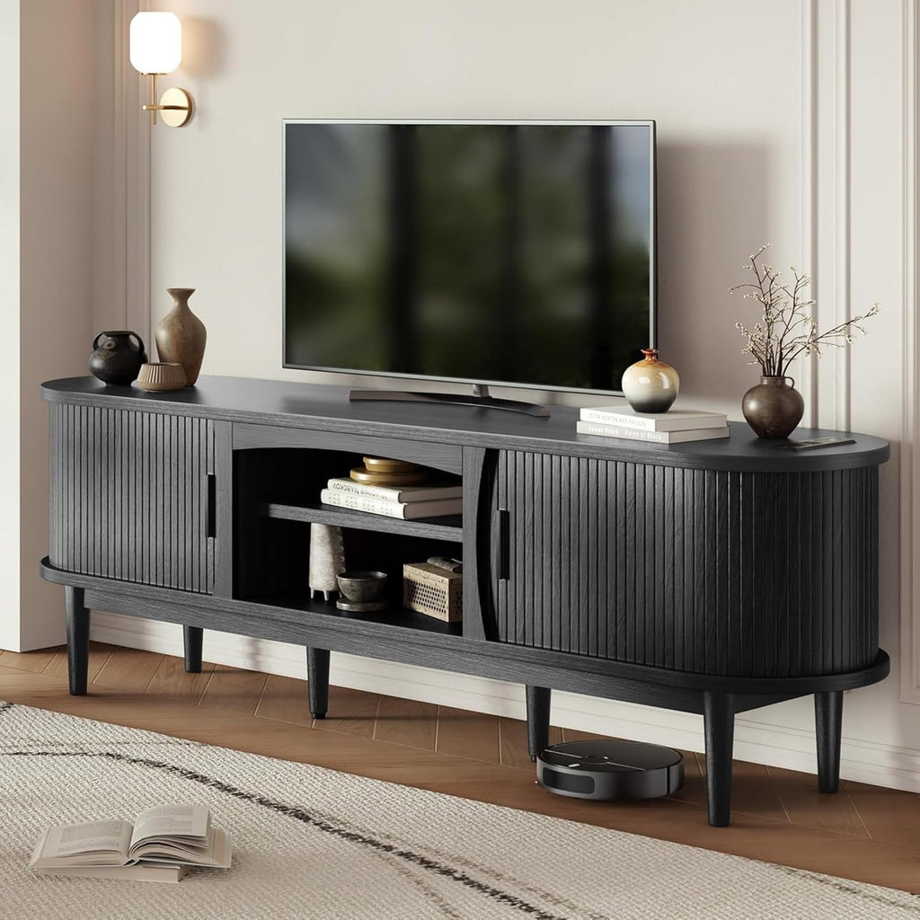 Mid Century TV Stand for TVs up to 80 Inches, Entertainment Center with Storage, Power Outlet, Fluted Sliding Doors &