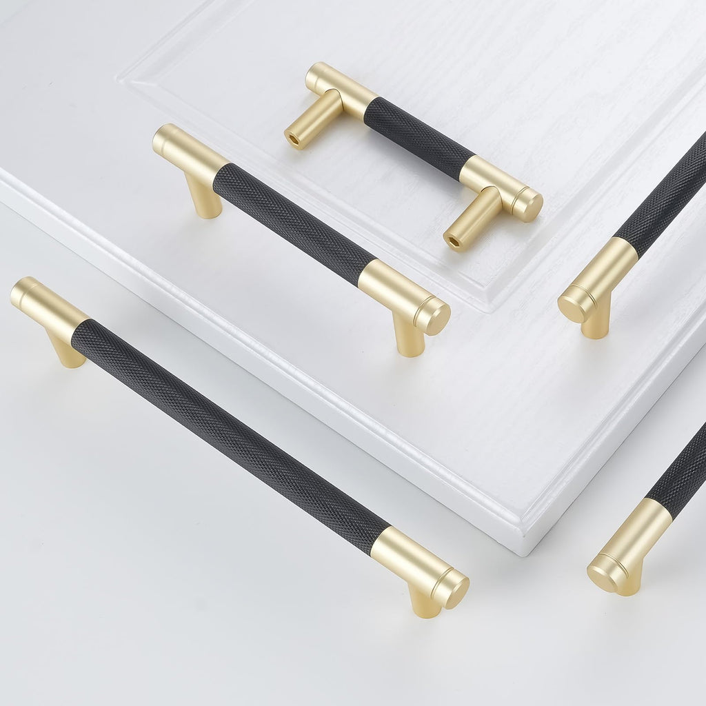 6 Pack 10 Inch(254mm) Mattle Black and Brushed Gold Kitchen Cabinet Handles Knurled Cabinet Pulls Gold Drawer Pulls