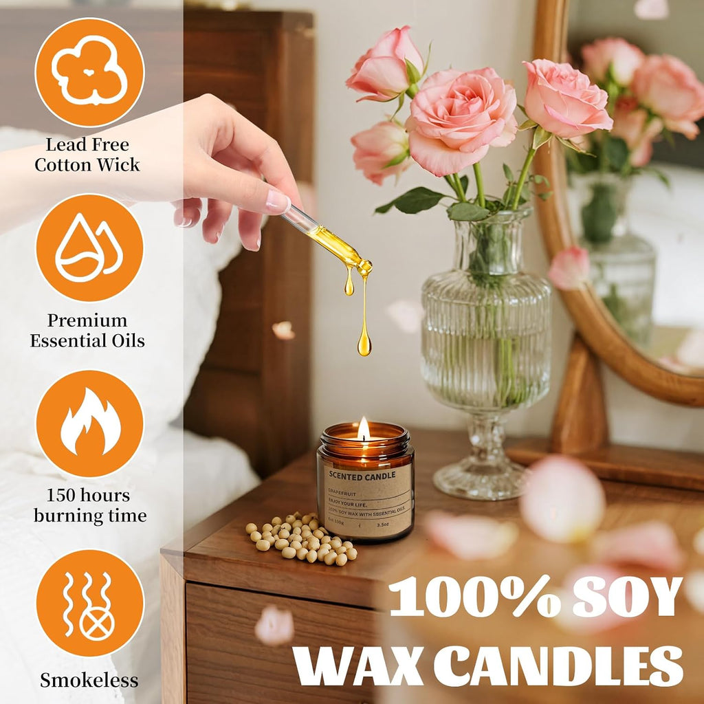 Scented Candles Gifts for Women,3.5 Oz Amber Candles Set, 150 Hours Long Burning Soy Wax Candles Jar - Set of 6