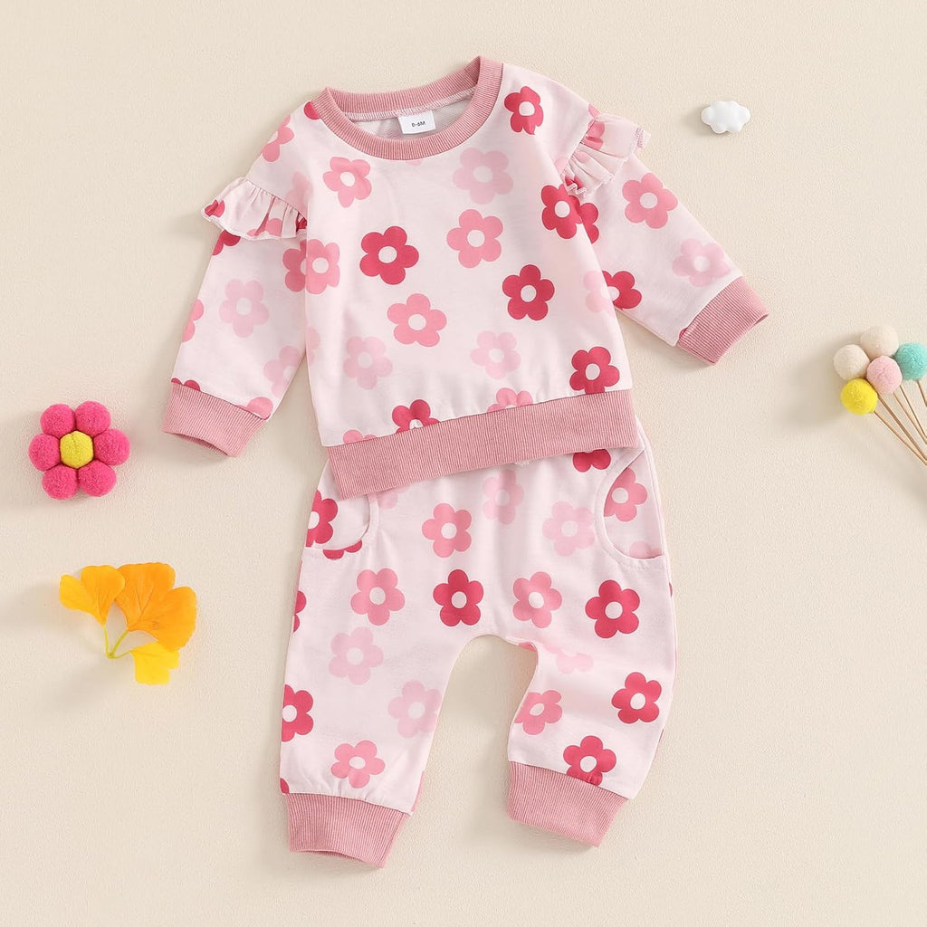 Baby Girl Fall Clothes Long Sleeve Floral Shirt Crewneck Sweatshirt Top Pocket Pants Winter Outfit Clothing Set