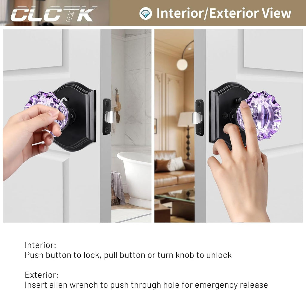 Purple Glass Door Knobs Interior with Lock, Matte Black Crystal Privacy Door Knobs Bathroom, 1 Pack