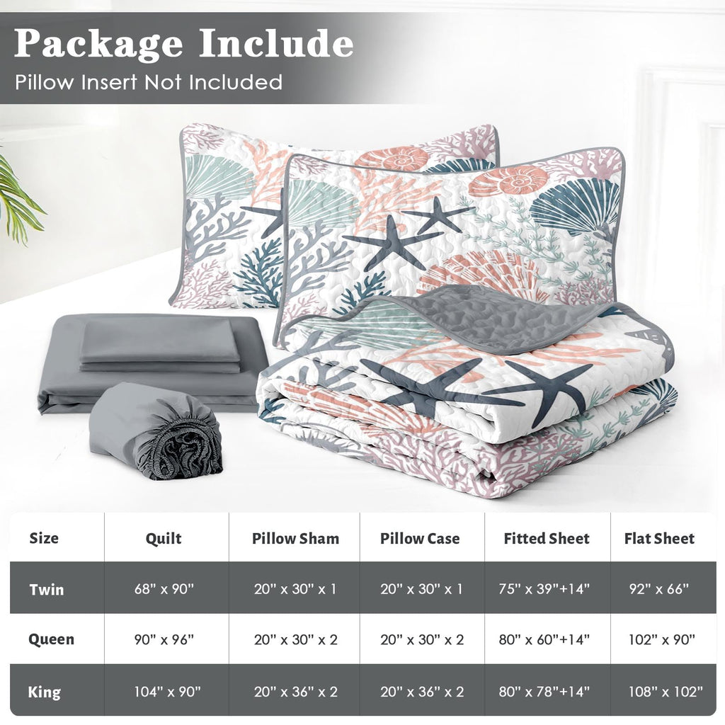 Quilt Set, 7 Pieces Coastal Seashell Bedding, Bedspread