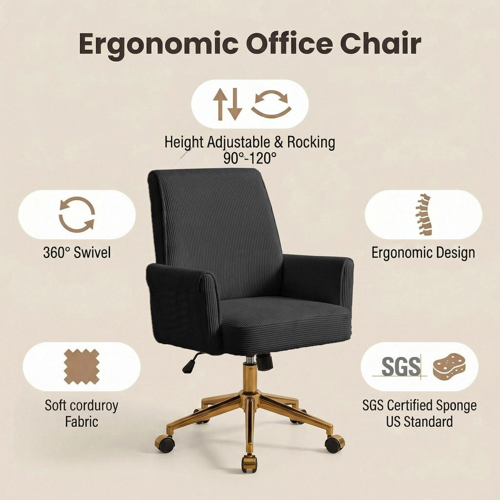 Stripes Velvet Home Office Desk Chair, Accent Upholstered Modern Height Adjustable Swivel Chair with Wheels, Ergonomic