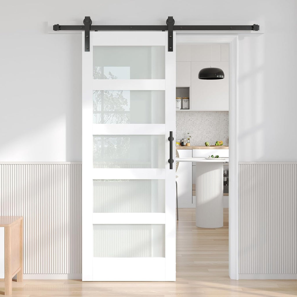 32x80 White Glass Barn Door with 5.5FT 66inch Sliding Doors Hardware Kit Included & Handle,PVC Surfa
