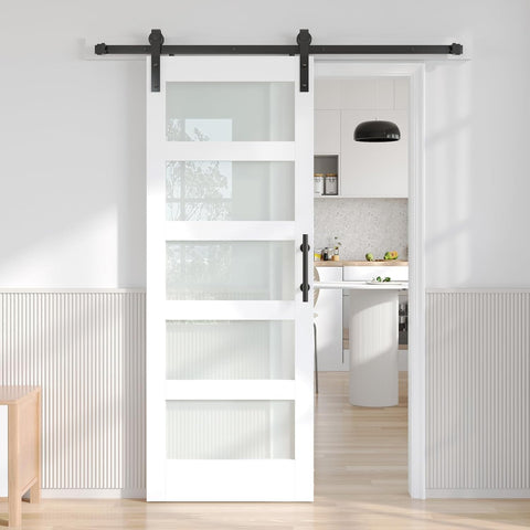 32x80 White Glass Barn Door with 5.5FT 66inch Sliding Doors Hardware Kit Included & Handle,PVC Surfa