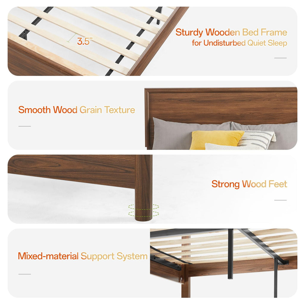 Queen Bed Frame with Headboard, Mid-Century Modern Queen-Size Bedframe with Wood Slat Support, Noise Free, No Box