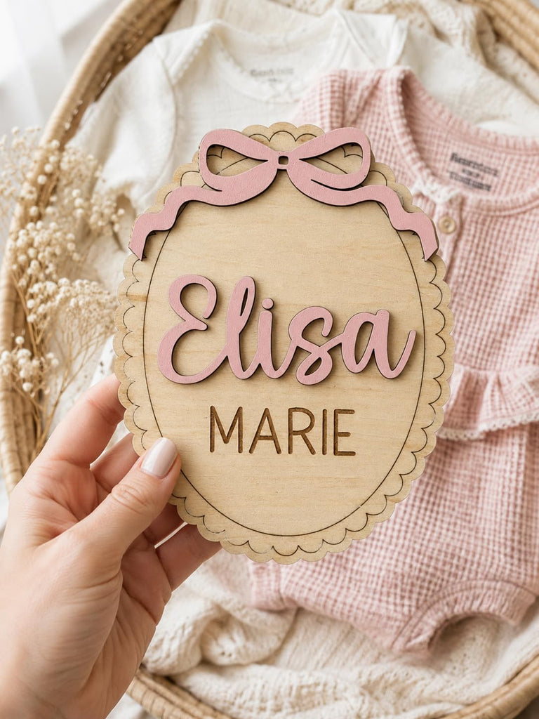 Personalized Baby Name Sign with Bow - Wooden Birth Announcement Keepsake