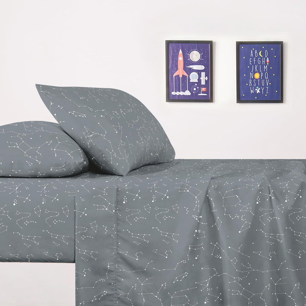Constellation Bed Sheets, 4-Piece Sheet Set, Celestial Space Witchy Star Galaxy Astrology Bedding, Deep Pocket, Grey