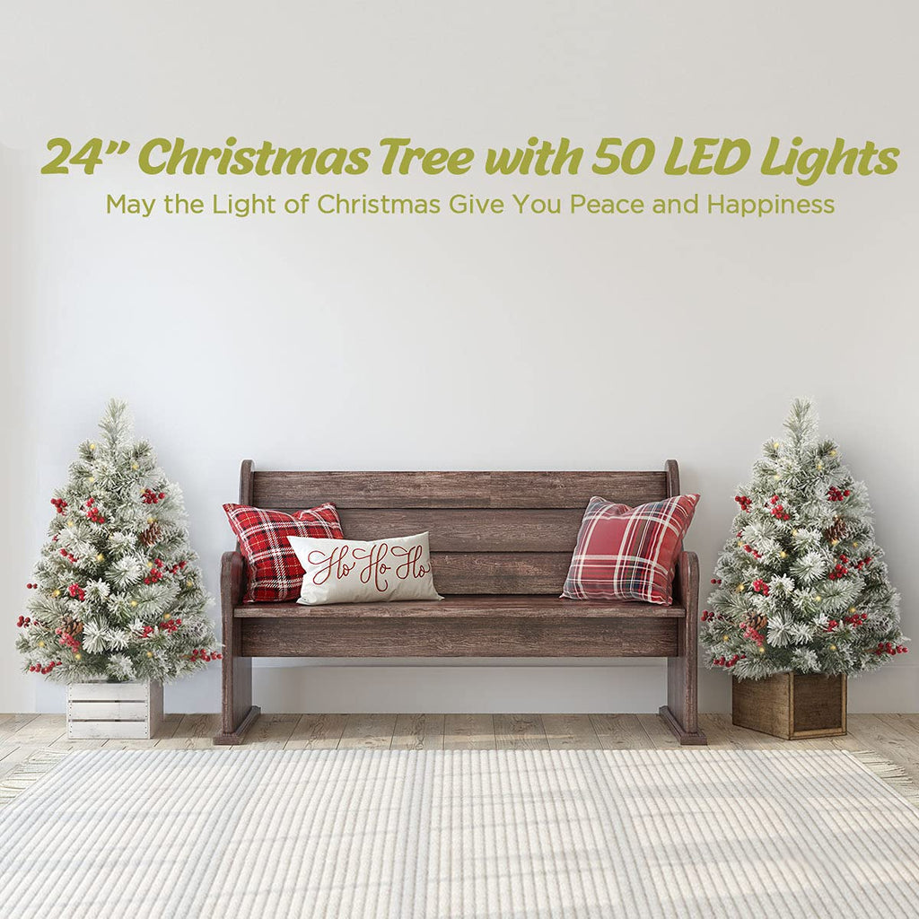 24 Inch Outdoor Christmas Tree Frosted Urn Filler 2 Set, Pre-lit Artificial Xmas Tree with 50 LED Lights, Realistic