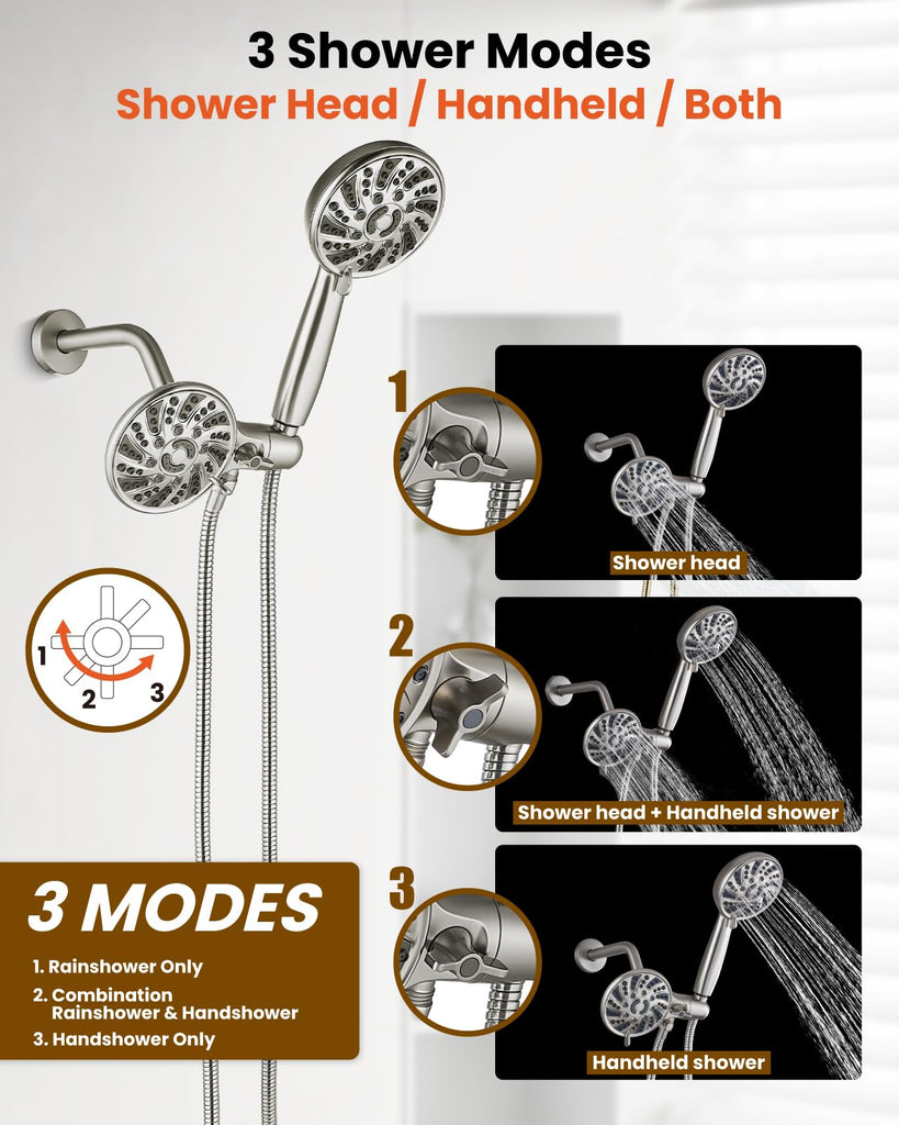 Dual Shower Head Kit with Valve 6 Mode Handheld Brushed Nickel