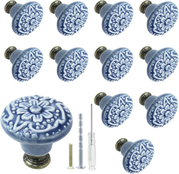 12 Pcs Light Blue Vintage Round Ceramic Cabinet Knobs and Pulls for Drawer, Cupboard, Closet Door