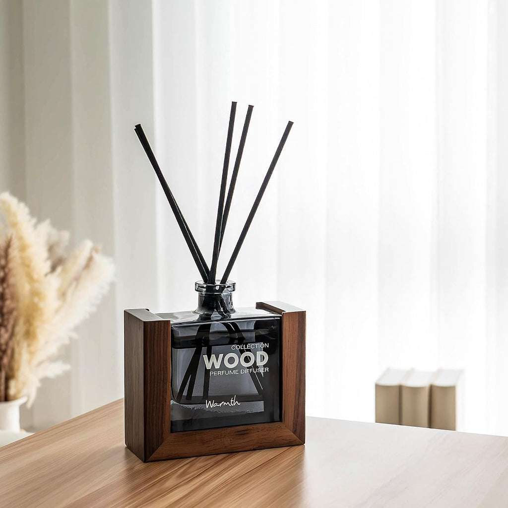 Luxury Reed Diffuser Set with Scented Sticks and Essential Oil Refill in Glass Bottle, Decorative Wooden Frame