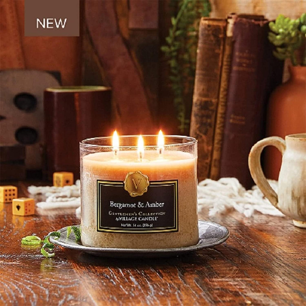Bergamot & Amber Glass 3-Wick Bowl, Scented Candle, 14 oz., Brown.