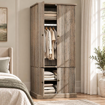 72" Wood Armoire Wardrobe Closet, Fluted, 4 Doors, Retro Gray
