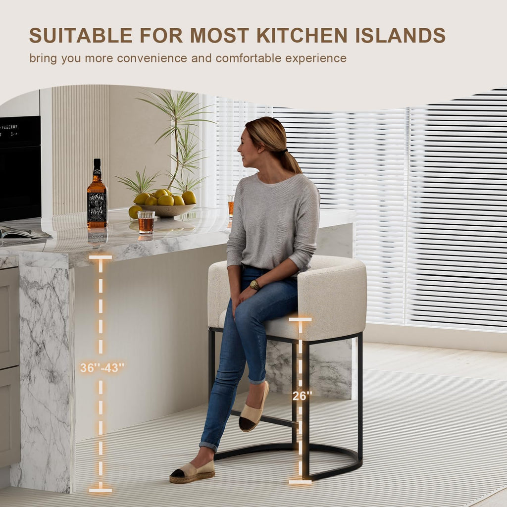 26" H Counter Height Bar Stools Set of 2, Modern Barrel Counter Stools with Backrest and Arms, Linen Fabric