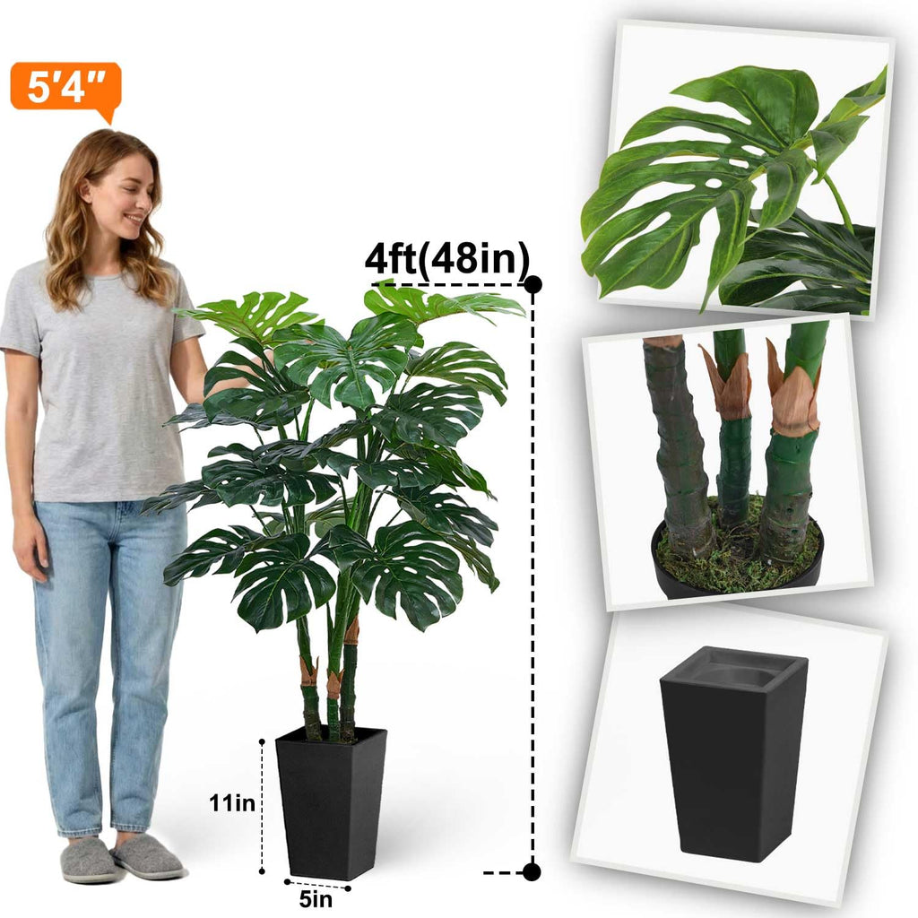 4ft Tall Artificial Monstera Deliciosa Plants, 4 ft Faux Swiss Cheese Plants Fake Silk Tree with Pot for Indoor