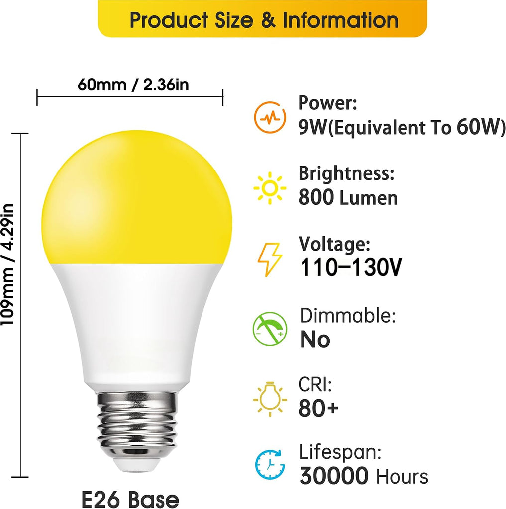 Yellow Bug Light Bulbs Outdoor, 9W (60W Equivalent) Amber 2000K LED Light Bulb for Outside, Backyard, Porch