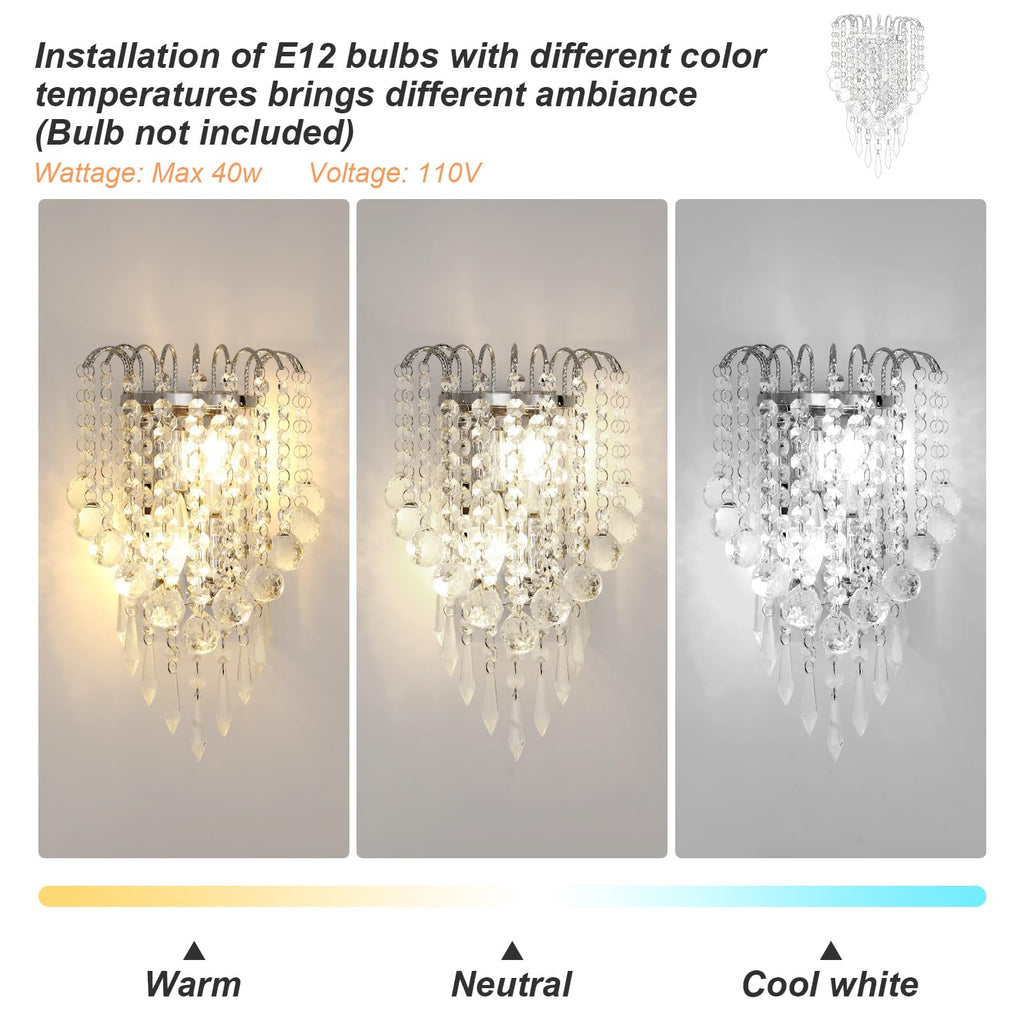 Crystal Wall Sconces, 11.8x7 Inch Chrome Wall Sconce Luxury Crystal Drops Shade Wall Light, E12*2 Socket Modern