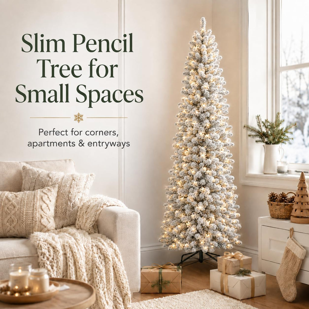 Prelit Slim Pencil Flocked Artificial Christmas Tree-WarmWhite