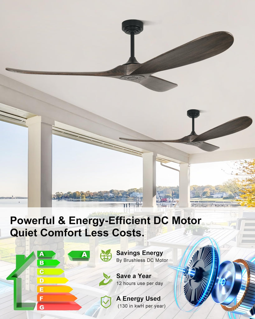 72" Ceiling Fans without Lights, Wood Large Ceiling Fan no Light with Remote Voice Control Alexa, 3 Blade Propeller s