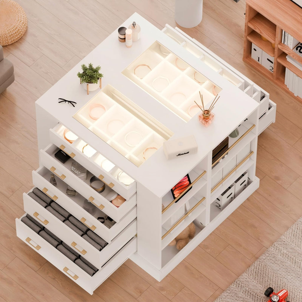 Glass Top Dresser with LED Lights and 6 Open Shelves, White