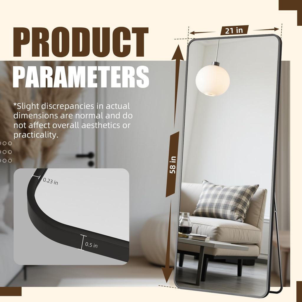 Over The Door Mirror Full Length, 58'' x 21''Wall Mounted Hanging Mirror, Aluminum Alloy Frame, Shatterproof Glass