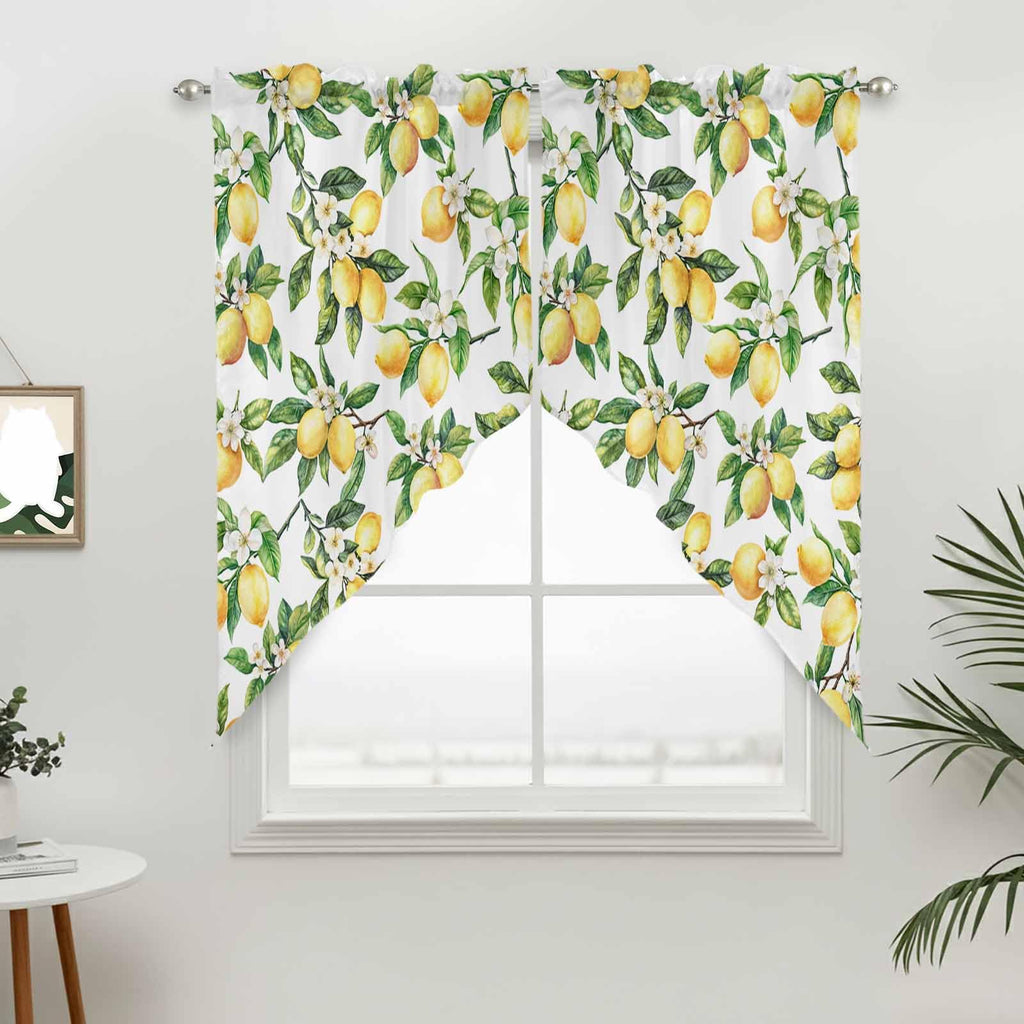 Summer Lemon Swag Valance Curtains Watercolor Plant Fruit Art Rod Pocket Kitchen Curtain, Flower Leaf Scalloped Window