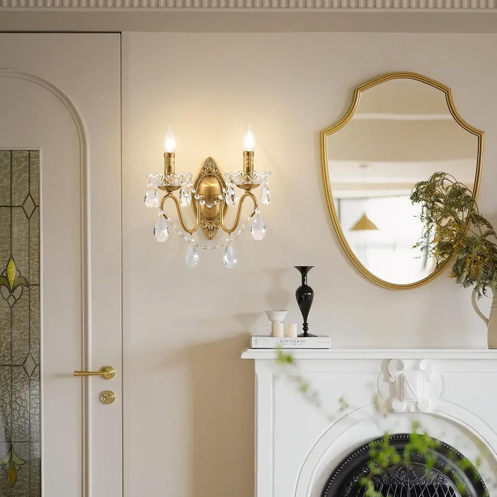 Crystal Wall Sconce Set of 2, Crystal wall sconces, Vintage wall sconces, Gold Brass Finish with Glass Drops, for