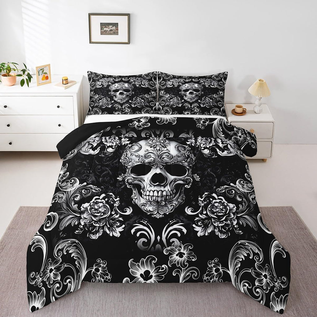Gothic Skull Bed Comforter Set Queen Size, Halloween Flower Skeleton Super Soft Microfiber Bedding Set for Adults