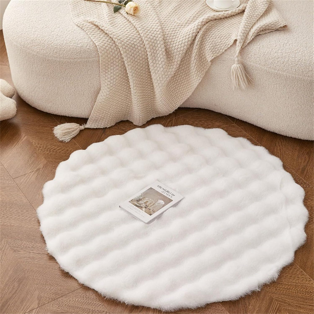 Faux Rabbit Fur Rug 4FT, White Fluffy Soft Area Rug Round Fuzzy Carpet, Machine Washable Shaggy Nursery Rug
