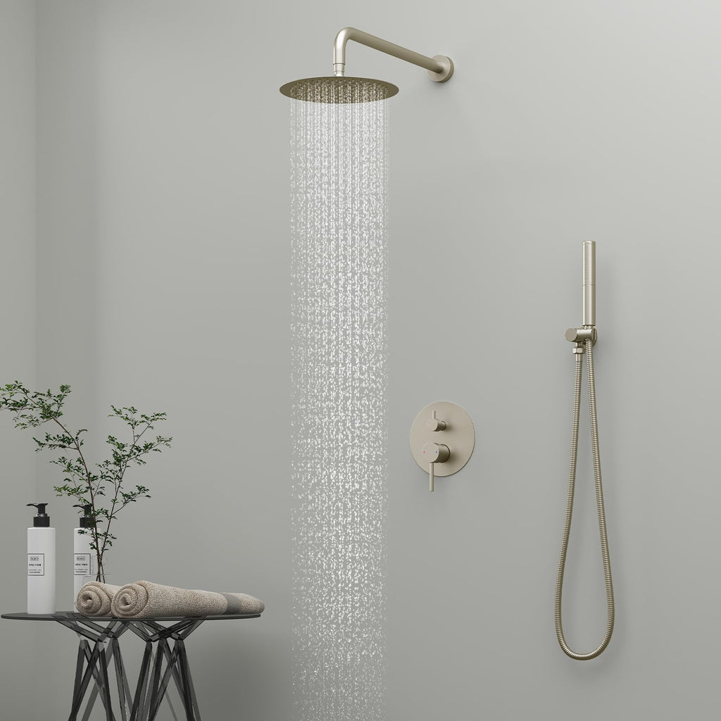 Shower System with 10 Inch Round Rain Shower Head and Handheld Wall Mounted, High Pressure Rainfall Shower Faucet