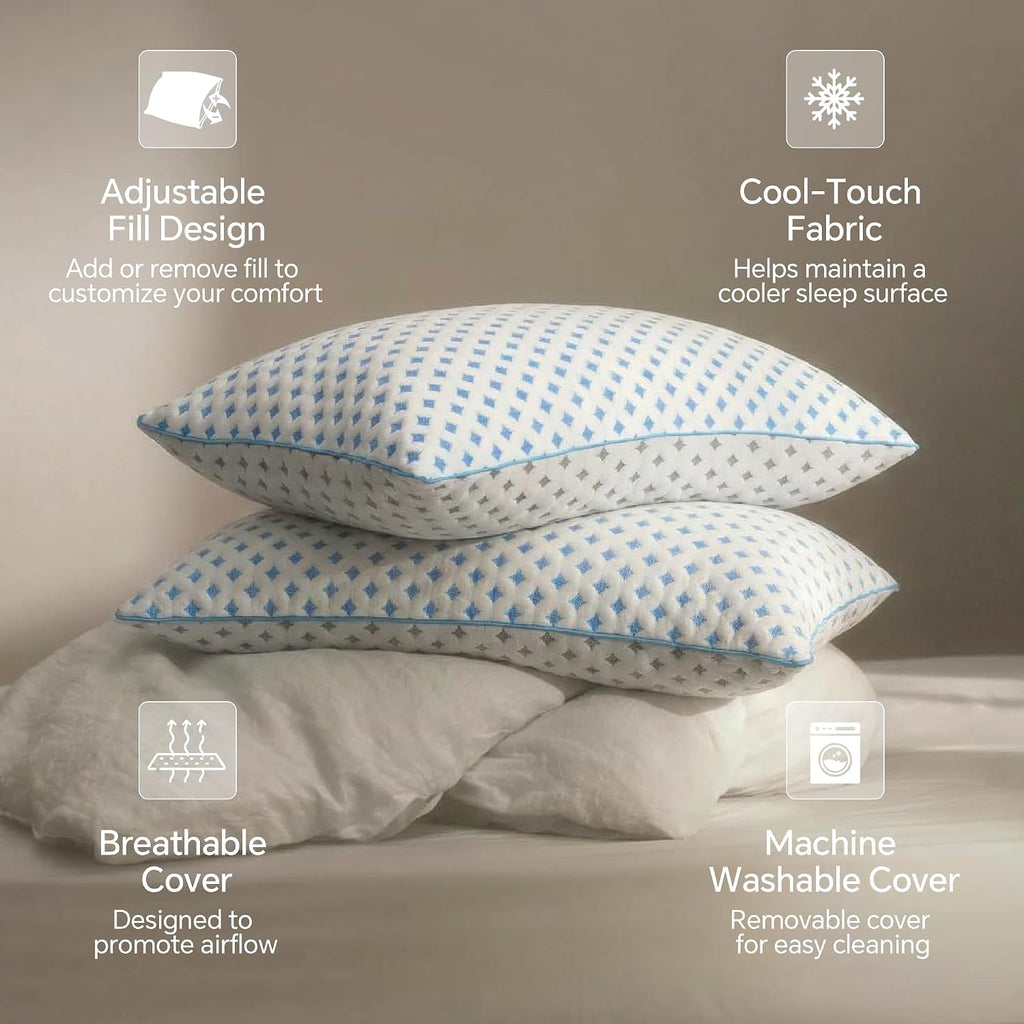 King Size Pillows Set of 2 for Sleeping, Cooling Adjustable Memory Foam Pillows, Dual Fill Design Helps Maintain