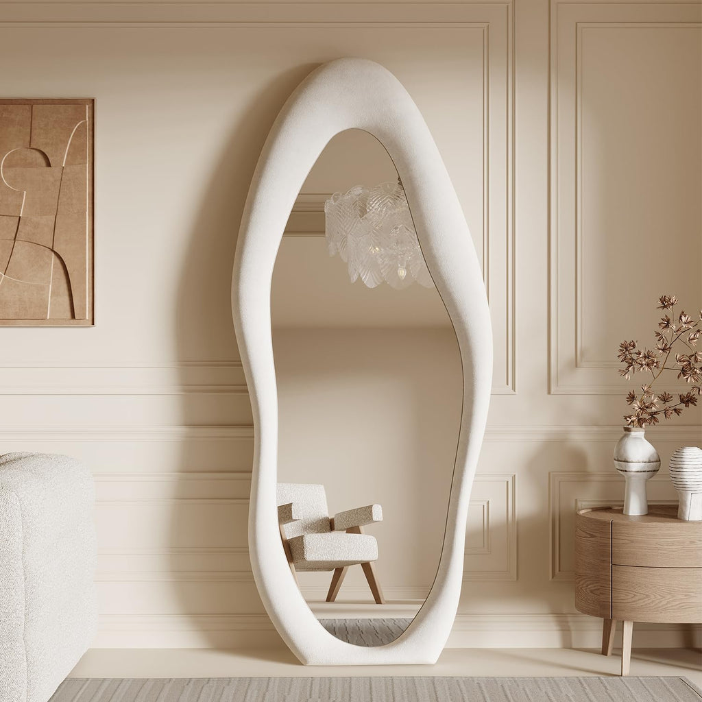 Full Length Mirror, 63" x 24" Wall Mirror, Irregular Wavy Full Body Mirror with Flannel Wrapped Wooden Frame, Hanging