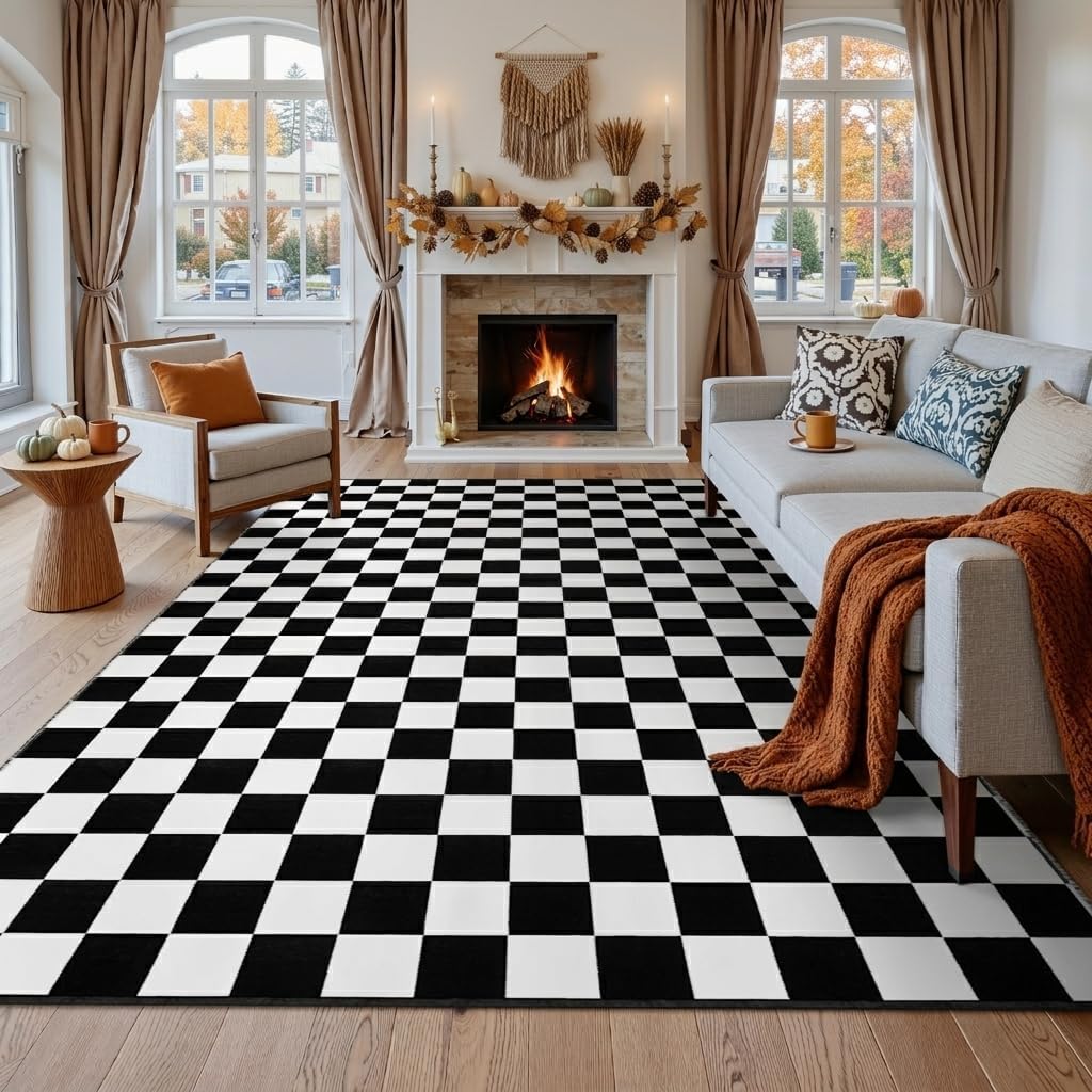 Checkered Rug, Black and White Checkerboard Outdoor Rug