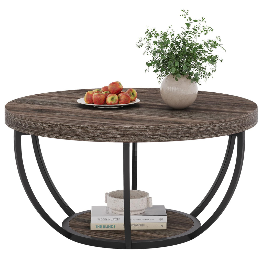 31.7" Round Wooden Coffee Table with Storage Pedestal
