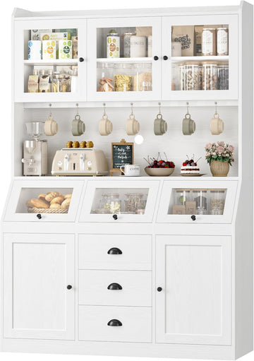 71.4" H Kitchen Hutch Pantry Cabinet with 3 Bread Boxes&7 Metal Hooks | Farmhouse Kitchen Hutch Cabinet with Storage