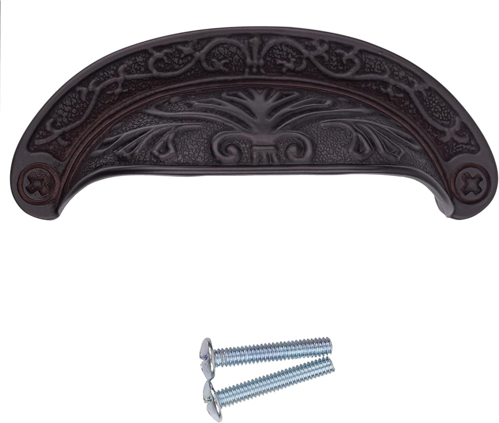 Oil Rubbed Bronze Baroque Scroll Work Cup Pull - Centers: 2 1/2" - Antique Cabinet, Vintage Cupboard, Old Desk