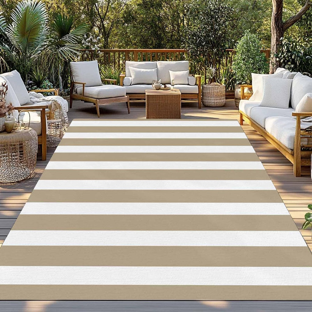 Outdoor Rug, Modern Minimalist Stripe Art Waterproof Outside Area Rug, Khaki and White Line Non Slip Deck