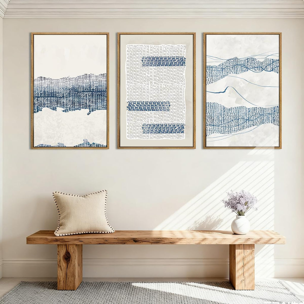 Large Blue Abstract Canvas Wall Art Framed 24x36 Inch Neutral Minimalist Modern Wall Art Mid Century Boho Artwork