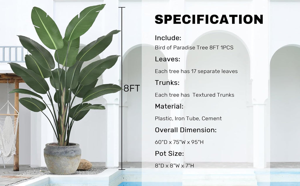 8ft Tall Bird of Paradise Artificial Tree (94 Inch) with Large Trunks and Realistic Leaves Big Faux Floor Potted