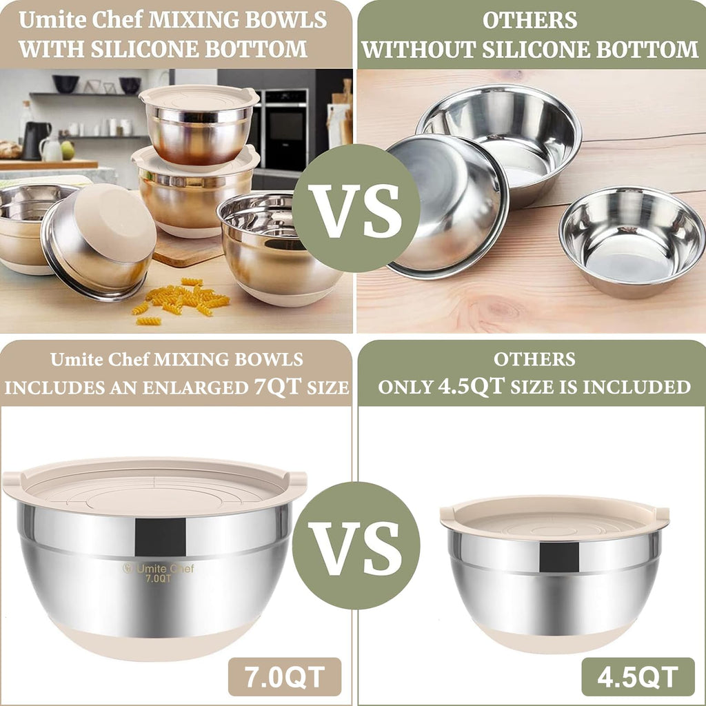 Mixing Bowls with Airtight Lids, 6 piece Stainless Steel Metal Nesting Storage Bowls, Non-Slip Bottoms Size 7, 3.5