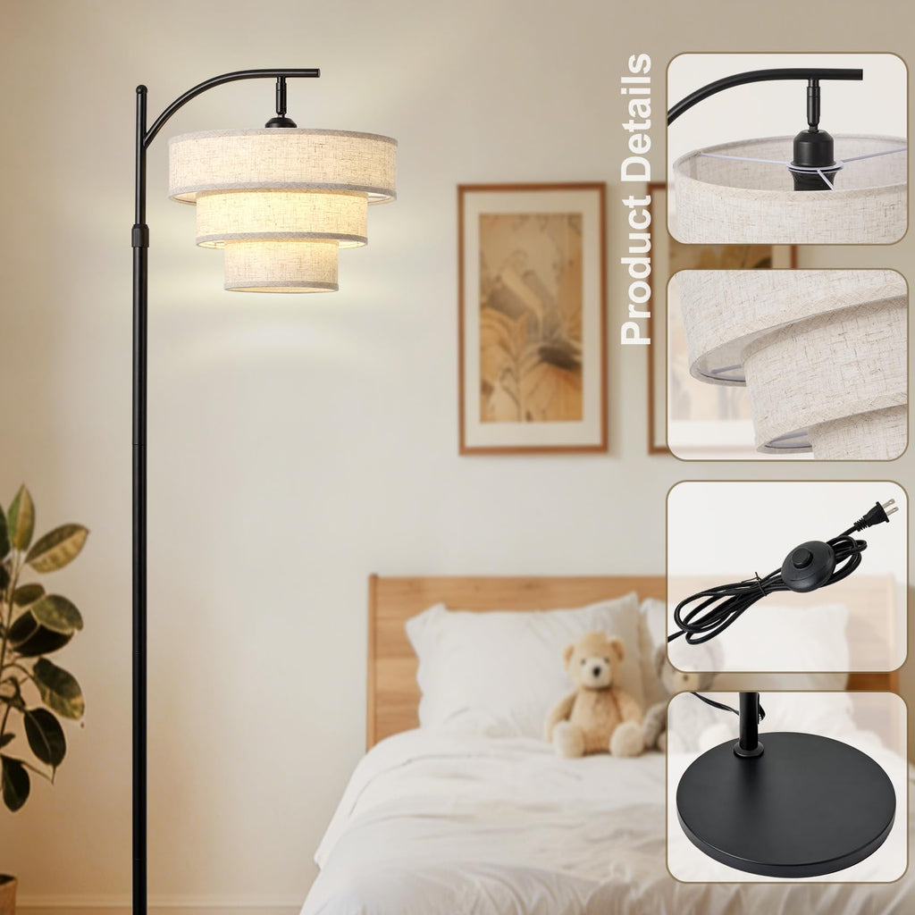 Dimmable Floor Lamp with Remote Control, Arc Fabric Tall Floor Lamp with 3-Color Temperatures Remote & Dimmable 9W