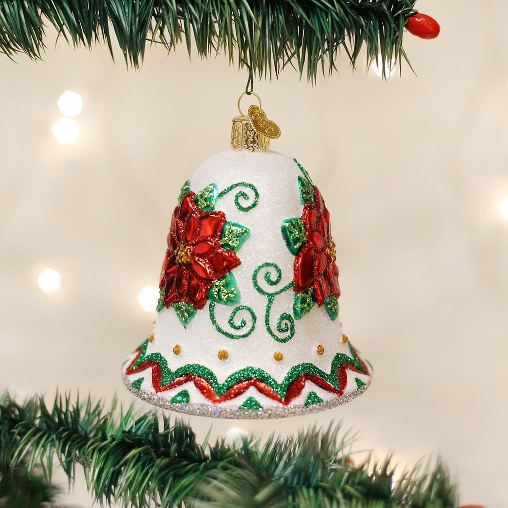 Poinsettia Bell Glass Blown Ornament, Handcrafted Holiday Decoration, Bell Collection