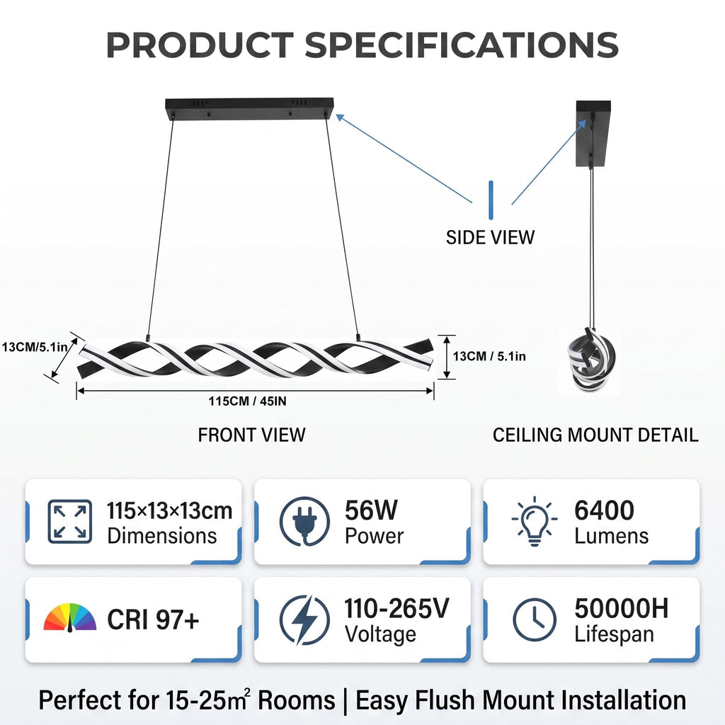 Modern LED Spiral Wave Chandelier, 45 Inch Smart Dimmable Hanging Pendant Light, 56W Linear Fixture Island, Black