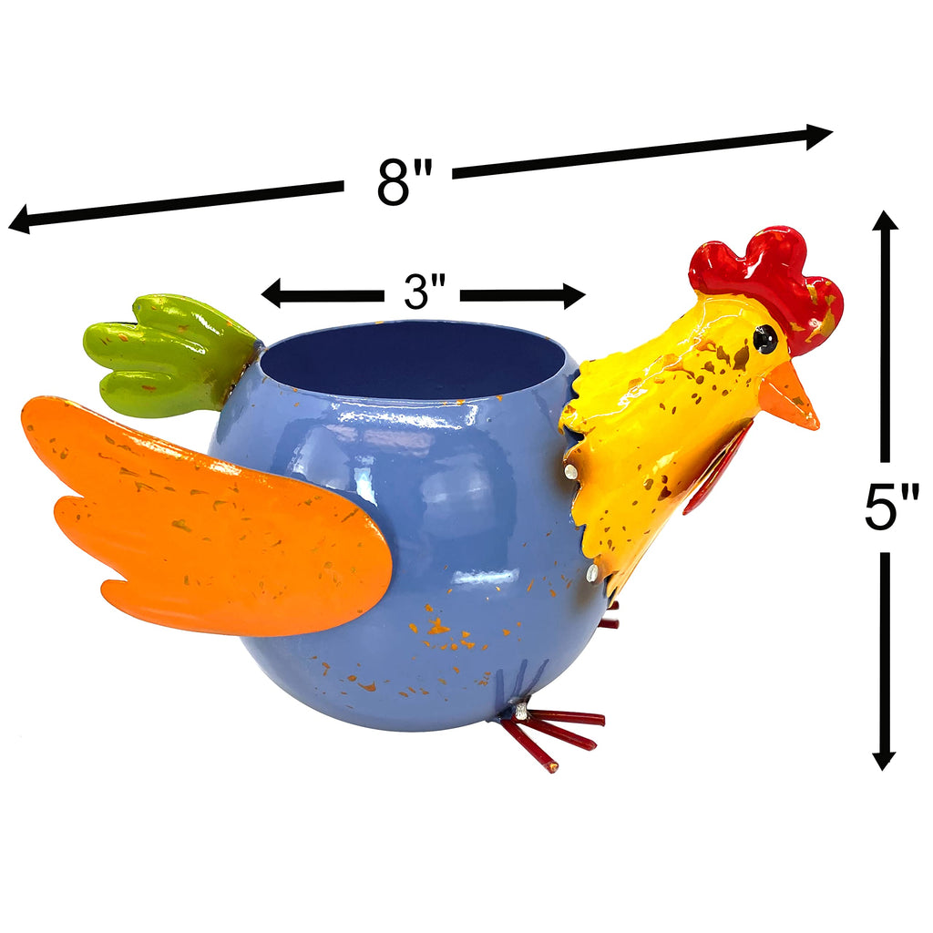 Chicken Planter Pot Colorful Farmhouse Metal Rooster Hen Succulent Flower Indoor Outdoor Garden Decor 8"x 5" (Blue &