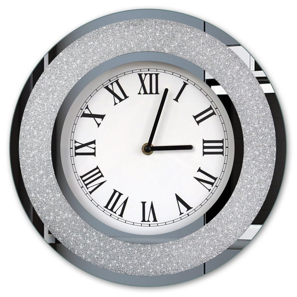 Bling Silver Round Mirror Clock 12inch. Glam Sparkle Twinkle Shining Mirrored Wall Clock for Wall Decoration Silver