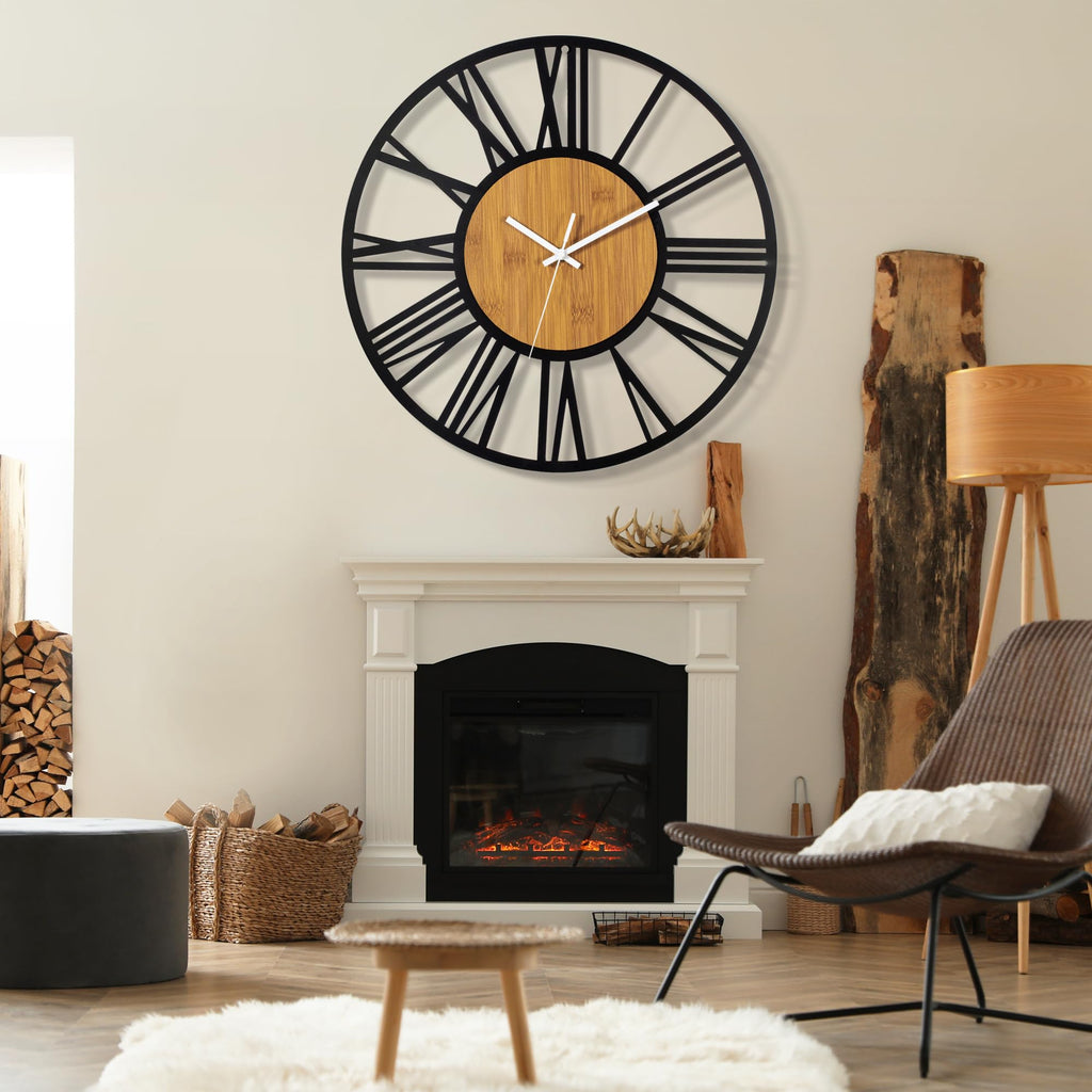 40" Large Display Wall Clock Decor - Silent, Battery Operated, Black Metal, Modern, Rustic Wood Clocks