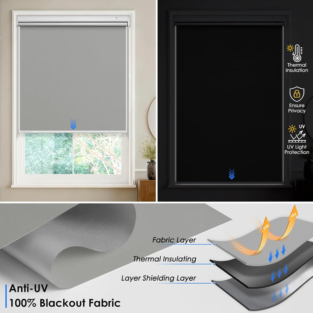 Motorized Blinds, Blackout Roller Blinds with Remote Control & Solar Panel