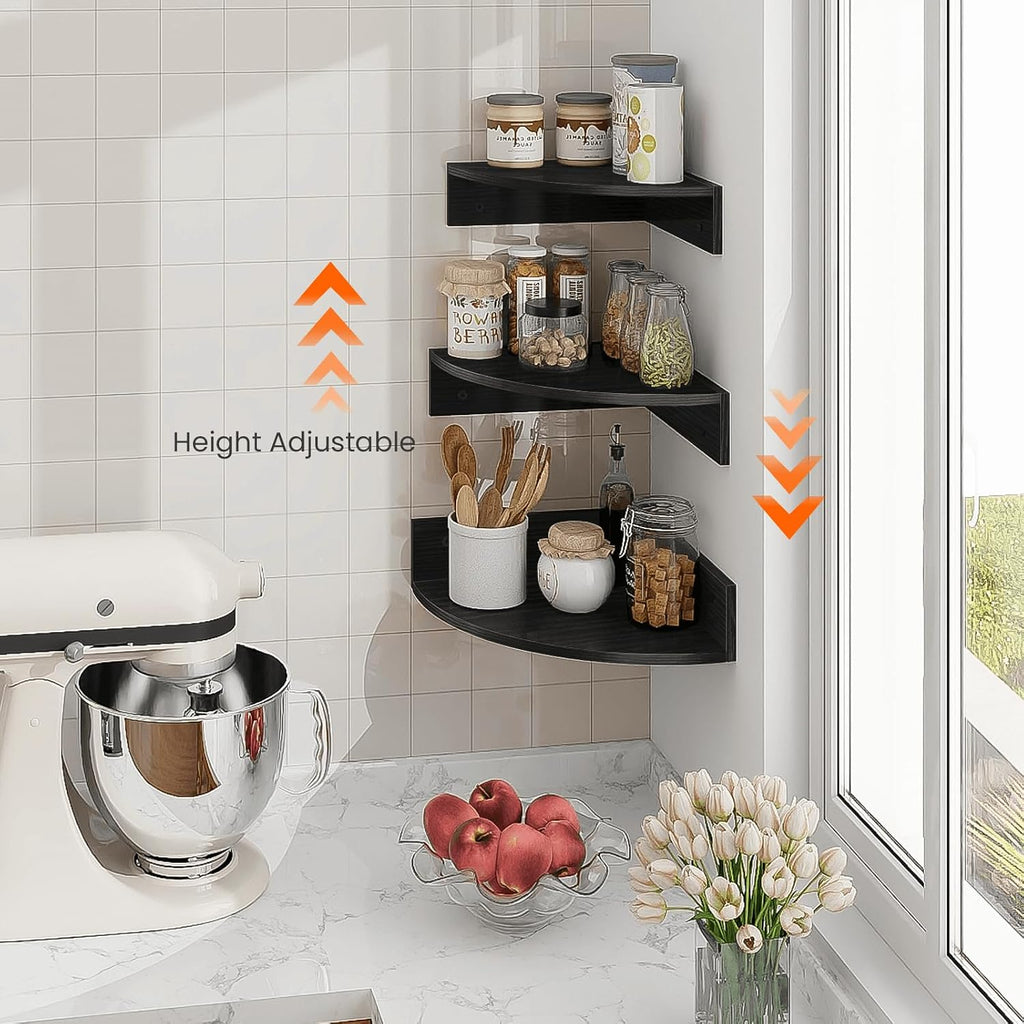 Corner Floating Shelves, Set of 3 Corner Shelves Wall Mounted with Cable Hole, 3 Tier Wooden Hanging Corner Storage