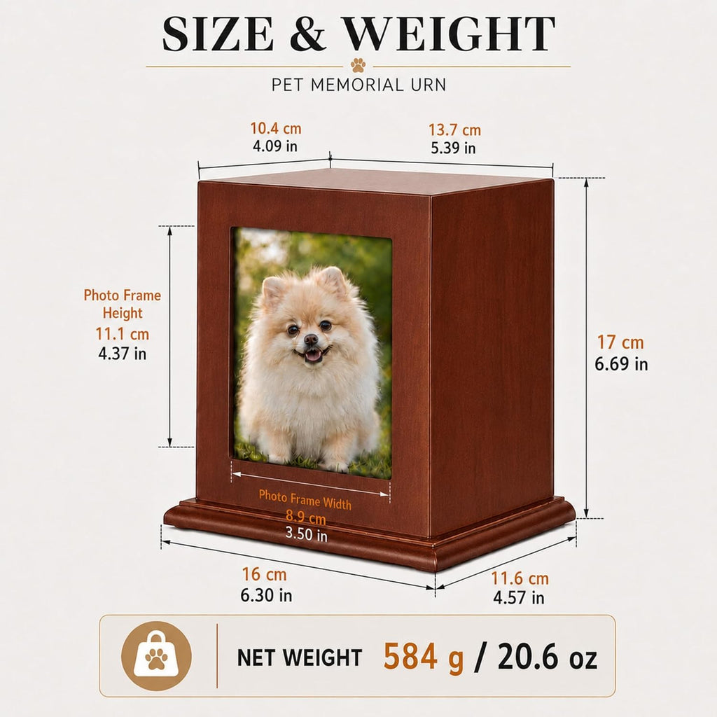 Dog Urn for Ashes - Wood Pet Cremation Box with Photo Frame, Cat Dog